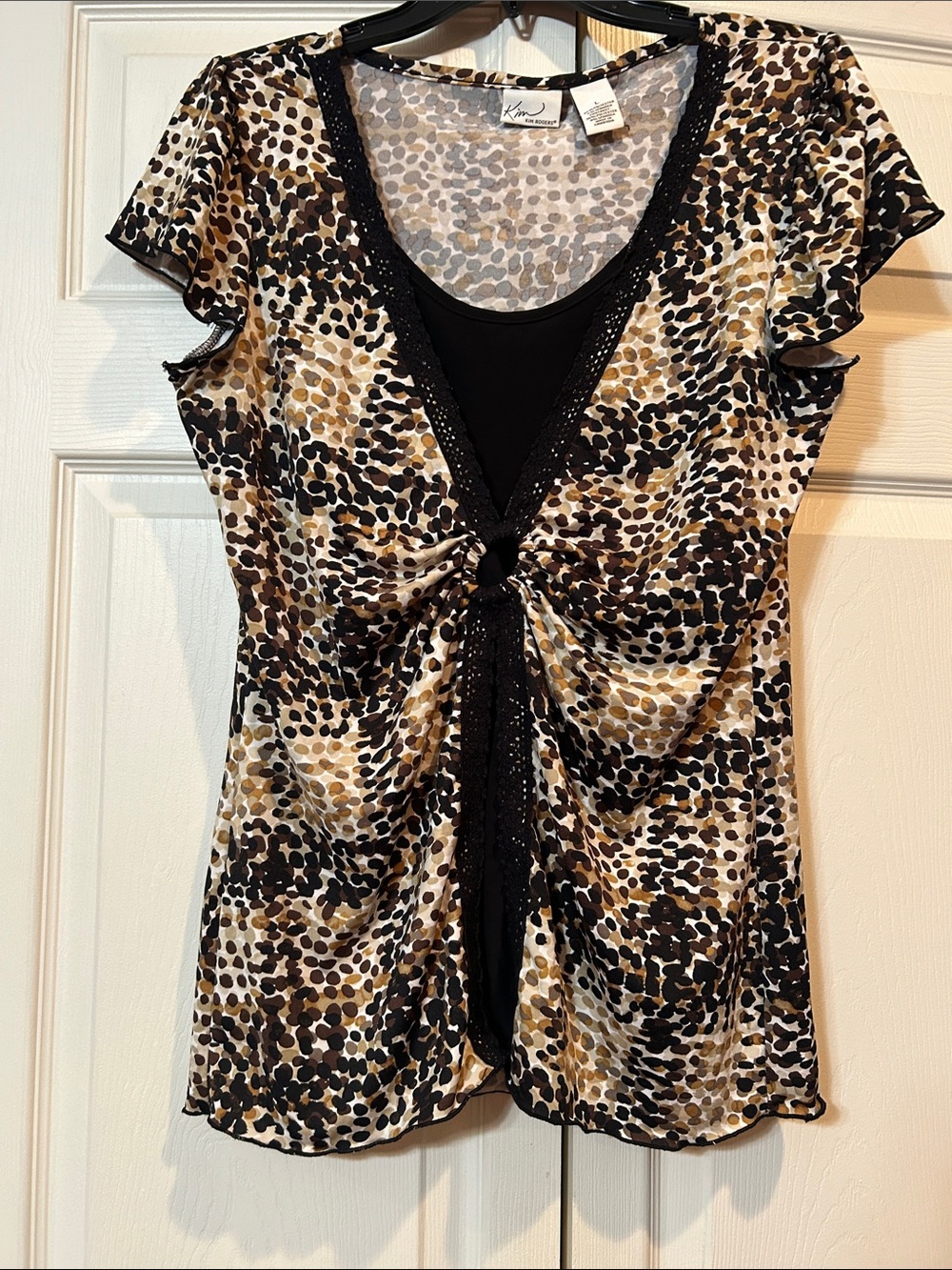 Kim Rogers Large- Multi-Color Knot-Front Layered Look Tunic with Black Inset